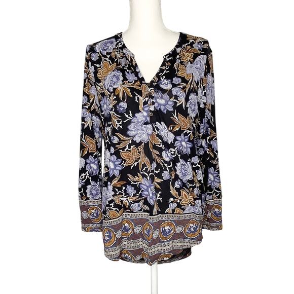 Lucky Brand Tops - Lucky Brand Black Blue Tan Floral Print 3/4 Sleeve Boho Blouse Top Medium